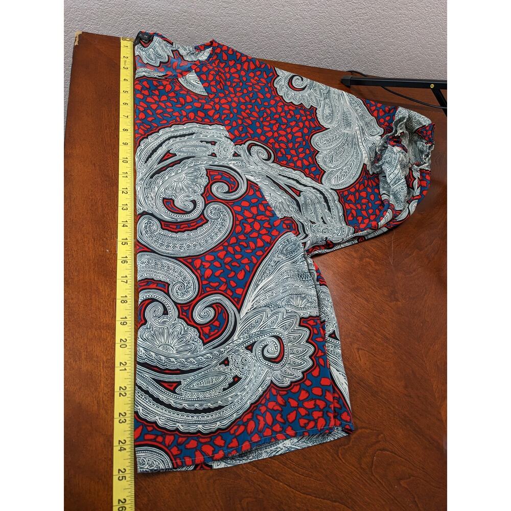 Glam Printed Blouse Small Red Blue Paisley Short Puff Sleeve Colorful Office Top - Picture 8 of 9